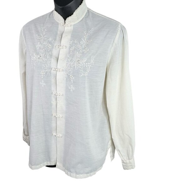 VTG 80s Hand Embroidered & Cutwork Ivory Asian Inspired Top Women’s L Daffodil - Picture 2 of 10